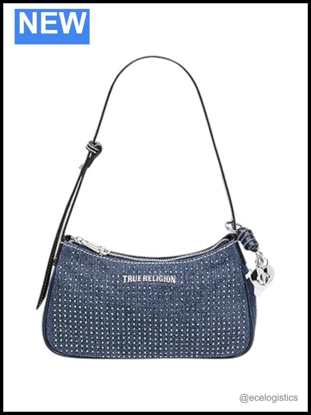 Denim Shoulder Bag with Sparkle Studs, Zip Top, Adjustable Strap